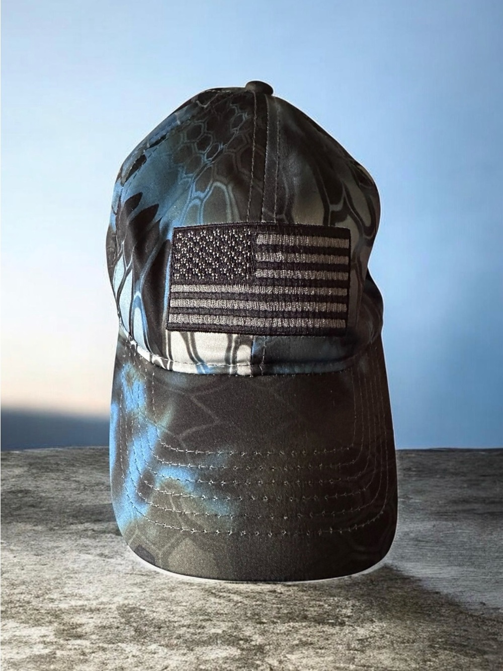 Kryptek Blue Black Camo Outdoor Hat Cap Black USA Flag Adjustable